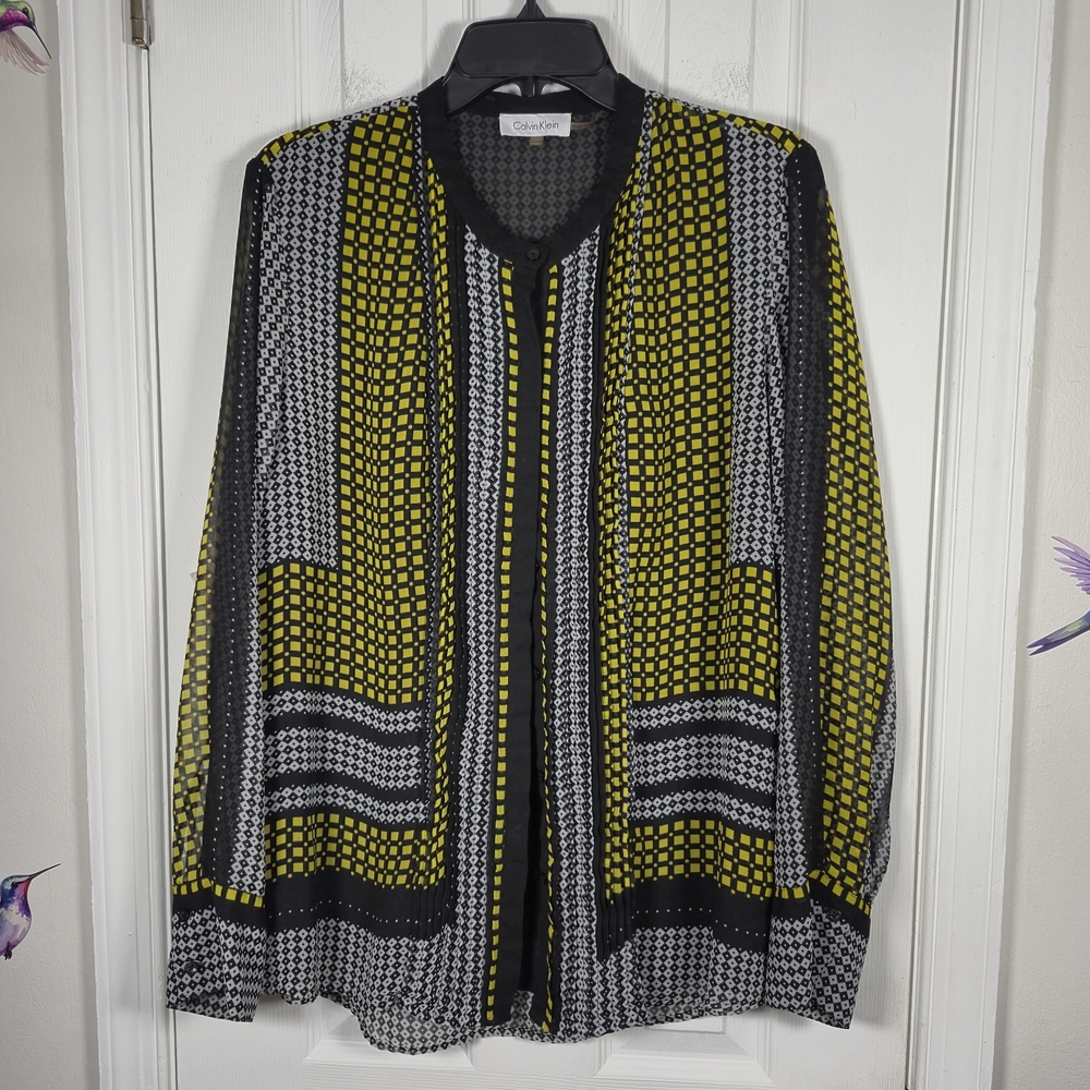 Calvin Klein Pleated Geometric Print Chiffon Blouse Yellow Black Large
